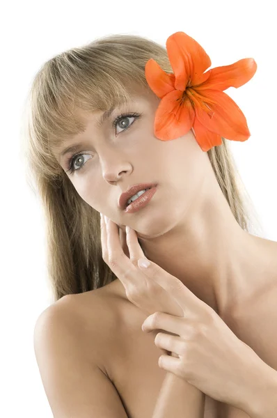 Fresh Beautiful Portrait Woman Orange Lily — Stock Photo, Image