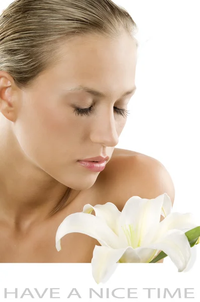 Fresh Portrait Young Beautiful Woman Smelling White Flower White Space — Stock Photo, Image