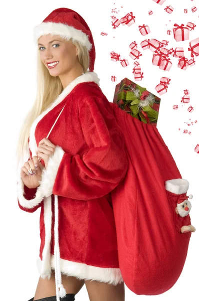 Sexy Bonito Mulher Santa Claus Vestido Com Saco Presente — Fotografia de Stock
