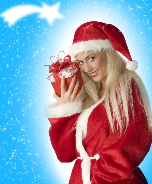 Блондинка Санта Клаус Тримає Червону Подарункову Коробку Посміхається Камеру — стокове фото