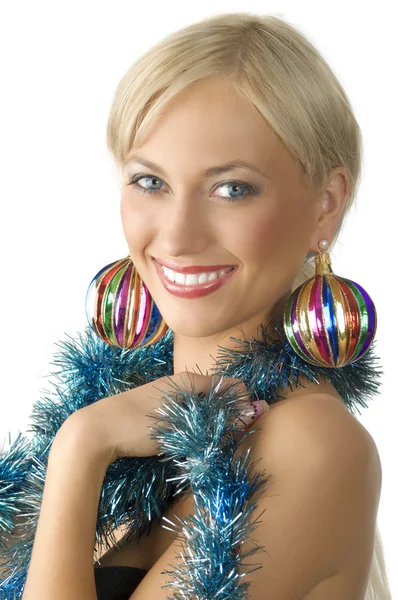 Woman Old Fashion Christmas Ball Earring Boa Neck — Stock Photo, Image