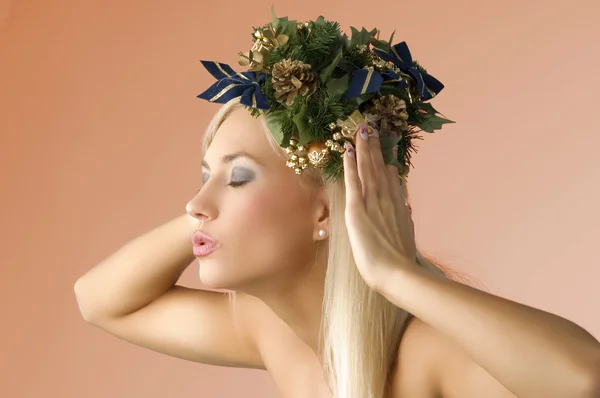 Beautiful Woman Holding Crown Holly Her Head — Stock Photo, Image