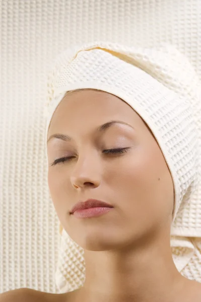 Portrait Young Woman Resting Herself Closed Eyes Spa — Stock Photo, Image