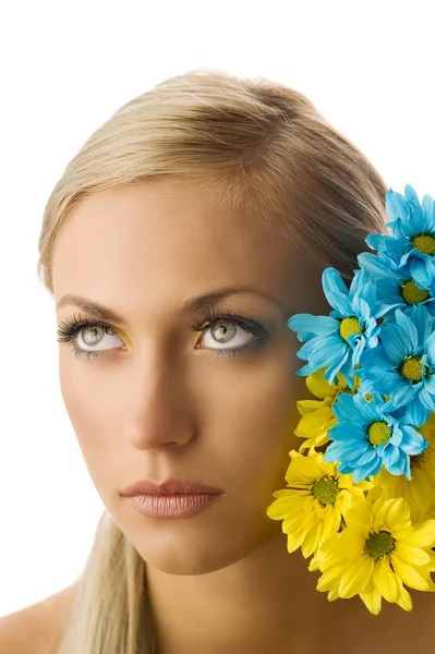 Beauty Portrait Pretty Young Blond Girl Blue Yellow Daisy Colored — Stock Photo, Image