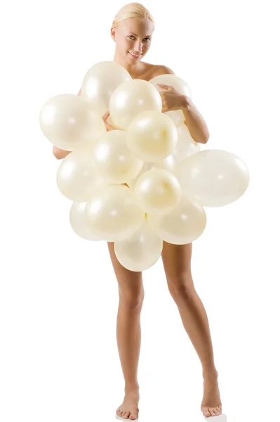 Oynama Beyaz Balonları Ile Vücudu Kaplayan Güzel Sarışın Çıplak Kadın — Stok fotoğraf