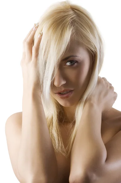 Closeup Portrait Naked Shoulder Blond Woman Looking Camera Glance — Stock Fotó
