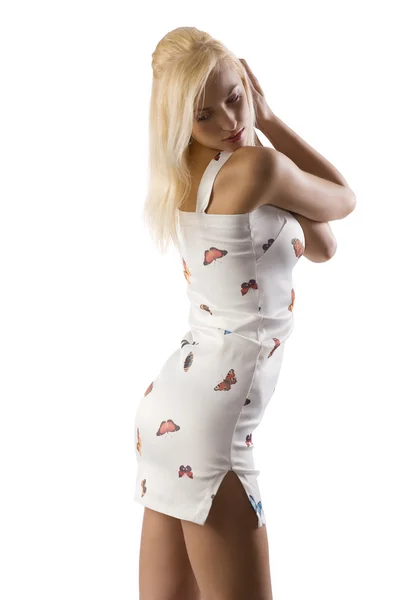 Beautiful Sexy Blond Woman Wearing Fitting Close White Dress Butterfly — Stock Fotó