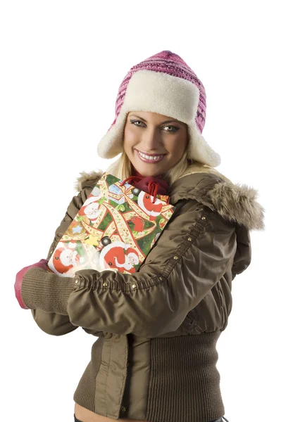 Πολύ Χαριτωμένο Ξανθιά Κοπέλα Χειμώνα Φόρεμα Καπέλο Και Γάντια Και — Φωτογραφία Αρχείου