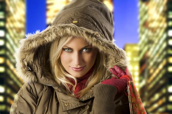 Close Portrait Blond Young Woman Winter Jacket Covering Head Hood — 스톡 사진