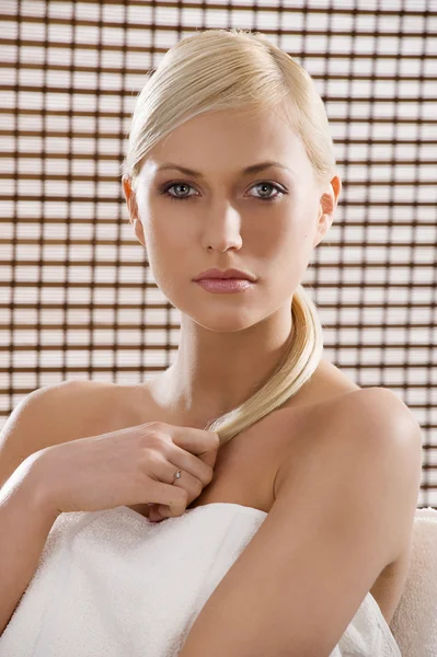 Beauty Advertising Shot Blond Girl Wood Curtain Spa — Stock Photo, Image