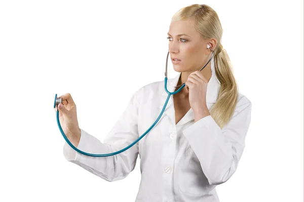 Arts Vrouw Met Stethoscoop Geïsoleerd Witte Achtergrond Wet Bezoeken — Stockfoto