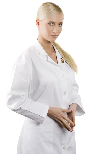 Mulher Loira Bonito Vestido Noite Branco Como Médico — Fotografia de Stock