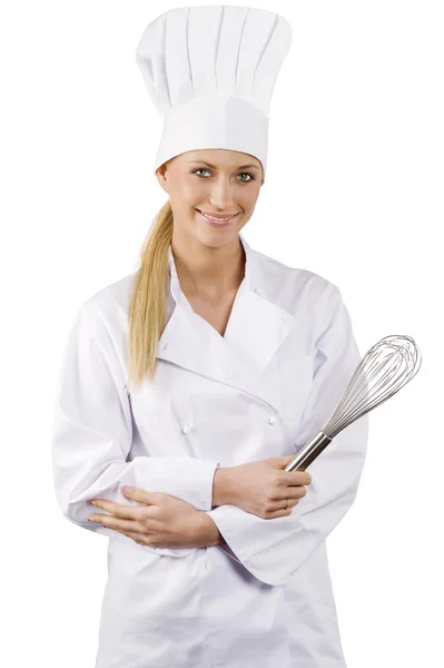 Mujer Rubia Joven Vestido Chef Blanco Con Sombrero — Foto de Stock