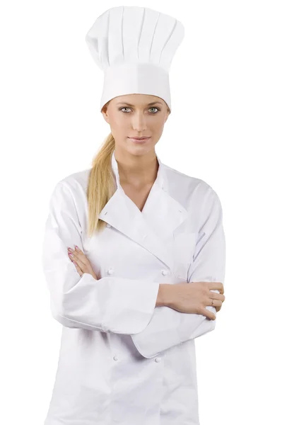 Mujer Rubia Joven Vestido Chef Blanco Con Sombrero — Foto de Stock
