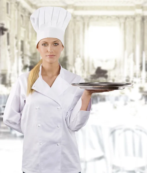 Loira Jovem Mulher Vestido Chef Branco Com Chapéu — Fotografia de Stock