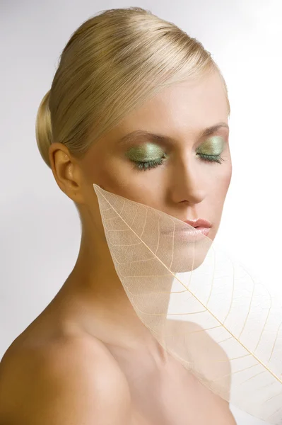 Fashion Beauty Portrait Young Beautiful Woman Colored Make Transparent Leaf — Stock Photo, Image