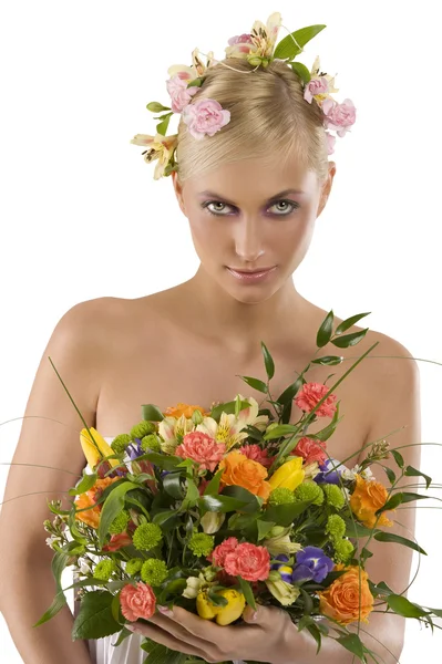 Jarní žena s květinami — Stock fotografie