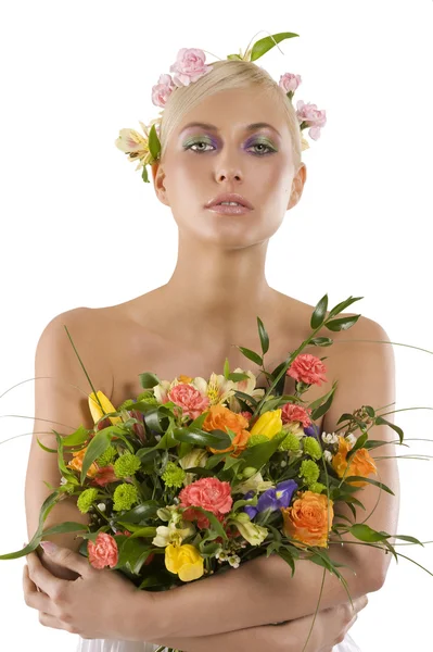 Donna primaverile con bouquet — Foto Stock