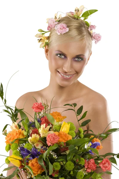 Jarní žena s květinami — Stock fotografie