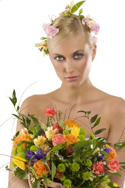 Portrait Very Cute Blond Woman Flower Head Colored Bouquet Looking — Stock Photo, Image