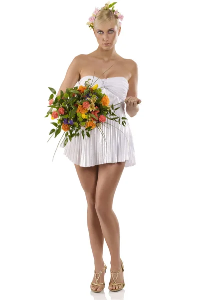 Young Beautiful Girl White Sexy Dress Flowers Bouquet Spring Woman — Stock Photo, Image