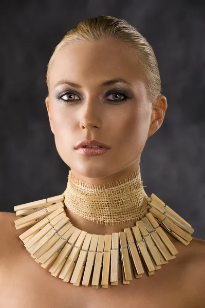 Portrait Closeup Attractive Blond Woman Amazon Necklace Made Wood Peg — Stock Photo, Image
