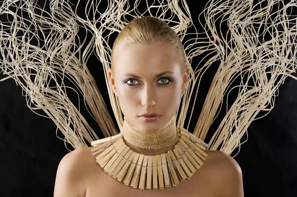 Beautiful Portrait Attractive Blond Woman Amazon Necklace Made Wood Peg — Stock Photo, Image