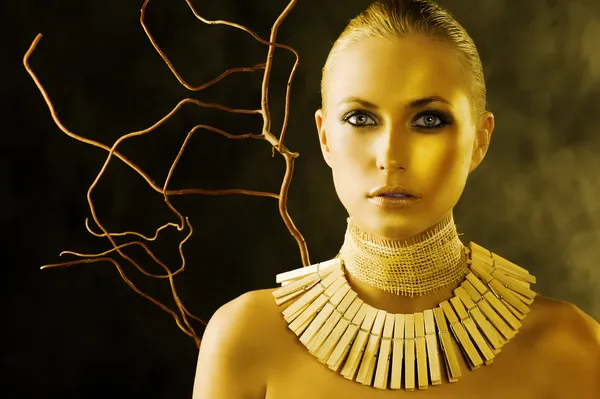 Beautiful Portrait Attractive Blond Woman Amazon Necklace Made Wood Peg — Stock Photo, Image