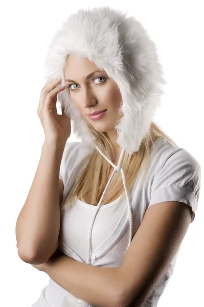 Close Retrato Jovem Modelo Bonito Vestido Inverno Branco Com Chapéu — Fotografia de Stock