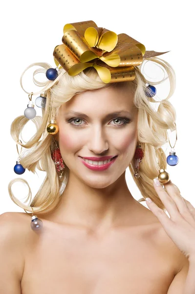 Christmas girl with golden bow — Stock Photo, Image