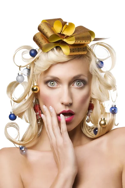 Fashion Shot Blond Girl Curly Hair Stylish Christmas Tree Little — Stock Photo, Image