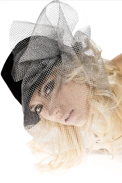 Creative Portrait Blond Beautiful Girl Hair Style Black Hat Silver — Stock Photo, Image