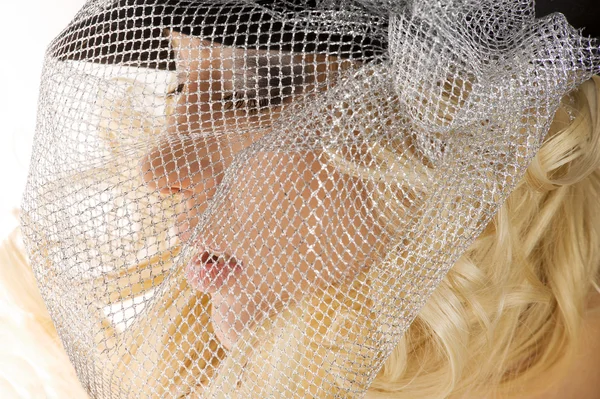 Portrait Créatif Belle Fille Blonde Avec Coiffure Chapeau Noir Filet — Photo