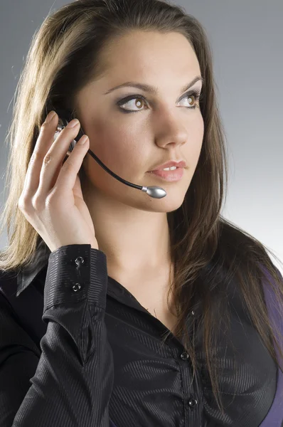 Nice Call Operator Dark Skirt Headphones — Stock Photo, Image