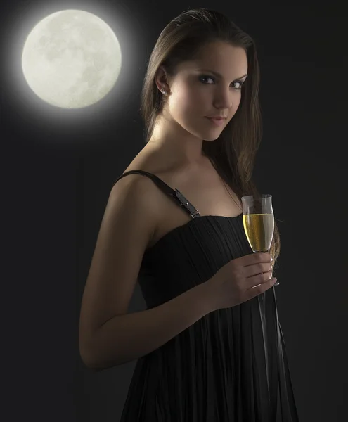 Beautiful Woman Glass Champagne Black Dress — Stock Photo, Image