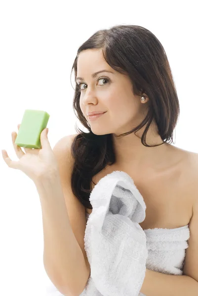Young Pretty Brunette Wearing Bathrobe Wit Green Soap Hand Advertising — Stockfoto