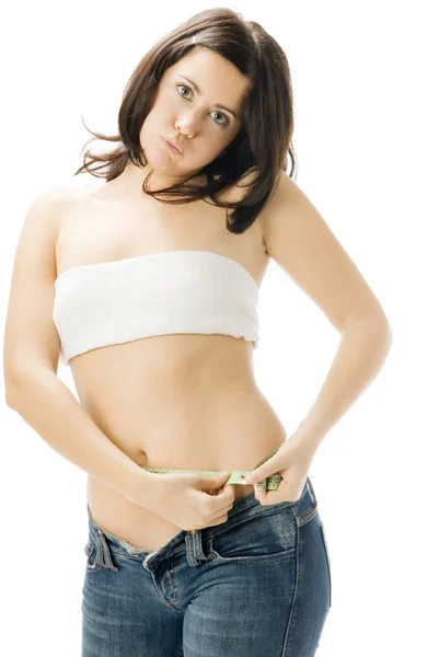 Bonito Jovem Mulher Medir Seu Corpo Com Uma Escala Uma — Fotografia de Stock