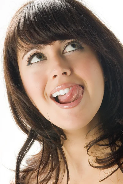 Portret Ładny Brunetki Lizanie Jej Usta Twarz — Zdjęcie stockowe