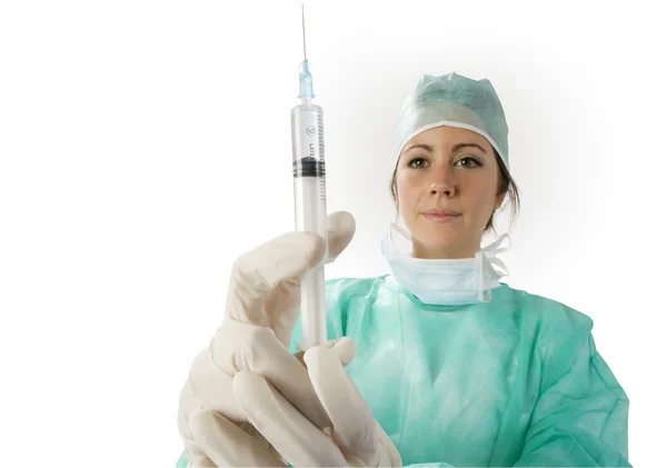 Young Nurse Operation Dress Syringe Full Blood — Stock Photo, Image