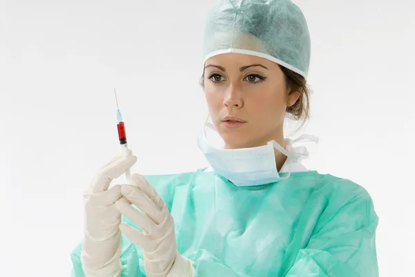 Young Nurse Operation Dress Syringe Full Blood — Stock Photo, Image