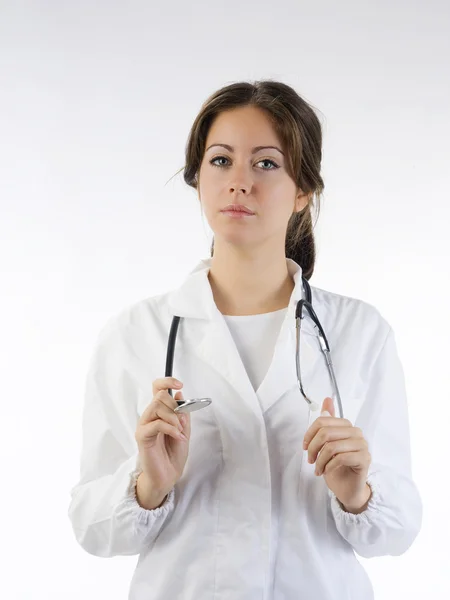 Schattige Brunette Witte Medische Jurk Een Stethoscoop — Stockfoto