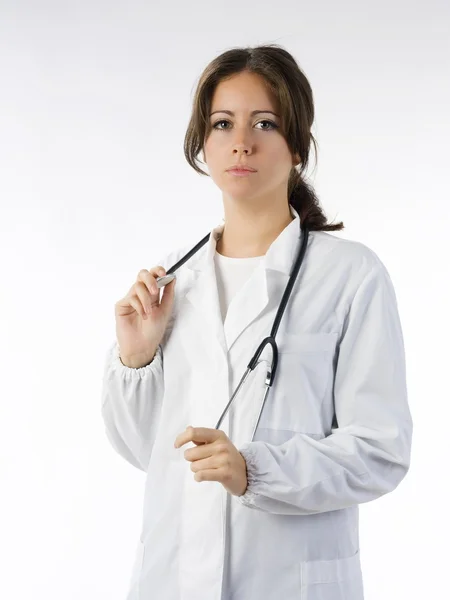 Милая Брюнетка Белом Медицинском Платье Стетоскоп — стоковое фото