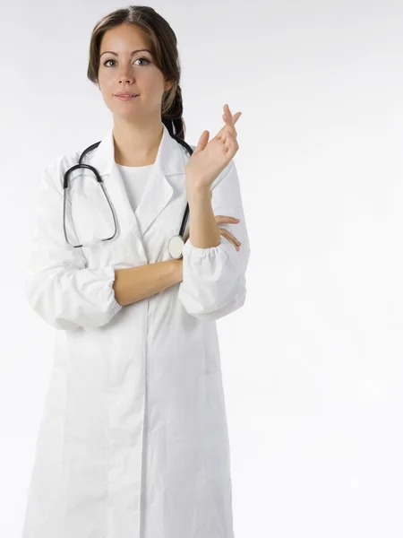 Médico Agradável Vestido Médico Branco Estetoscópio Torno Seu Pescoço — Fotografia de Stock