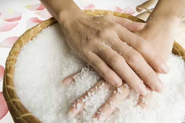 Hands Making Beauty Treatment Scrub Salt — Stock Photo, Image