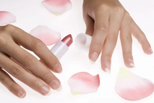Lápiz labial de dedo y rosa —  Fotos de Stock
