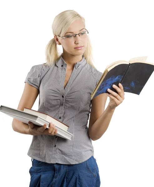 Very Pretty Teacher Casual Dress Wearing Glasses Reading Book Stock Image