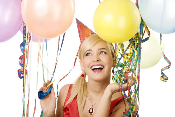 Mooie Blonde Vrouw Met Grappige Hoed Ballonnen Tijdens Een Partij Stockfoto