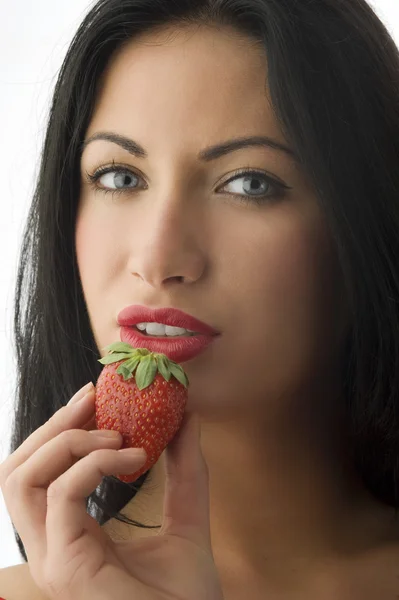 Pretty Brunette Strawberry Her Mouth Red Lips Stock Image