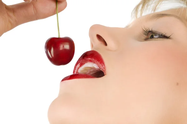 Close Sensual Girl Playing Her Mouth Cherry Stock Image