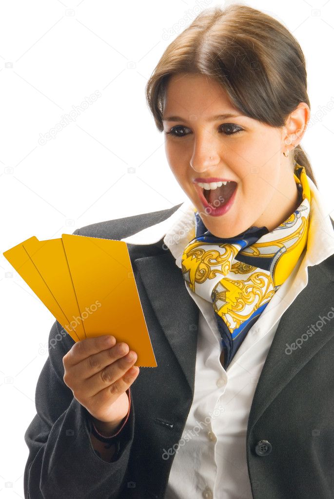 cute and young woman in black suit checking some tickets and making a winner expression